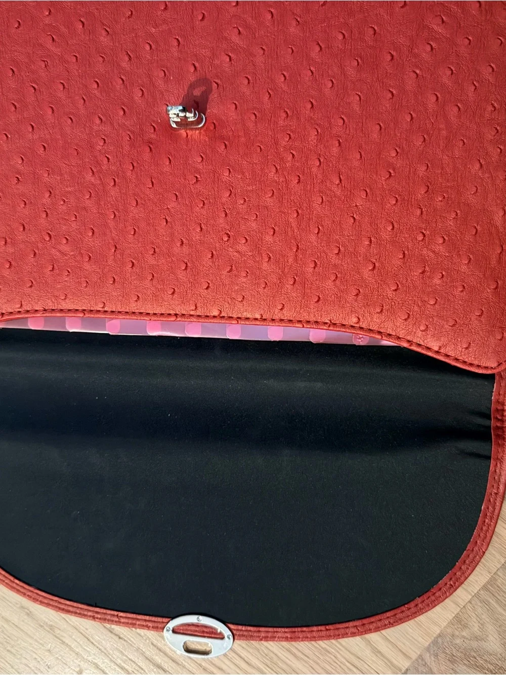 Red Faux Ostrich Textured File Folio with Silver Turn-Lock Closure
